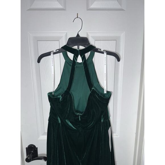 Azazie Larice Green Halter Velvet Floor Long Dress Slit 14 Gown Garment Bag - Picture 8 of 12